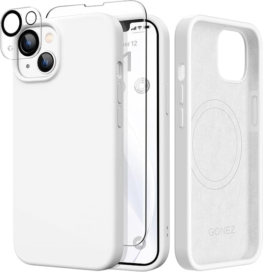 GONEZ Magnetic for iPhone 14 Case, Compatible with Magsafe, with Screen Protector + Camera Protector, Anti-Scratch Microfiber Lining, Liquid Silicone Shockproof Protective Phone Case, White