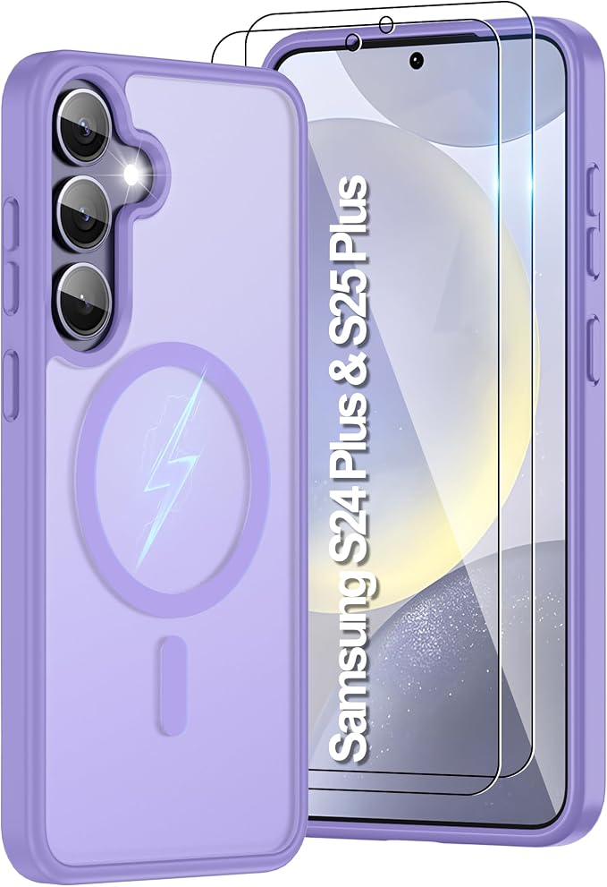 For Samsung Galaxy S24 Plus Case & S25 Plus Case [Compatible with Magsafe] Translucent Matte Magnetic,Slim Thin Duty Shockproof with 2pc Screen Protector Protection Case for S24 Plus/S25 Plus-purple