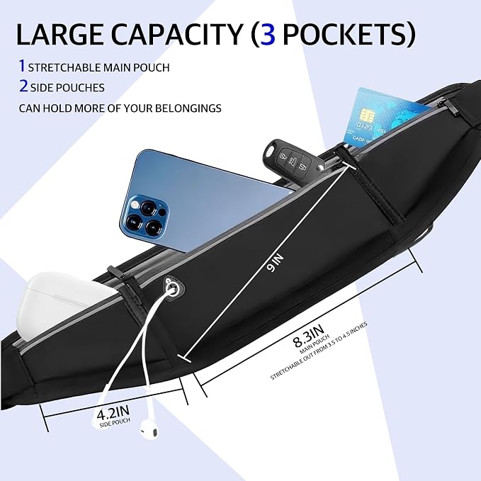 Running Belt for Phone – Adjustable Running Waist Pack with 3 Pockets Fits Up to 7.2 Inch Phones, Slim Running Fanny Pack for Men & Women Jogging Hiking Fitness