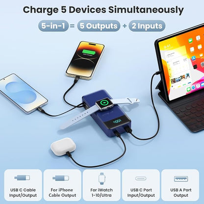 5-in-1 Portable Charger for iPhone,40800mAh Power Bank Built-in Retractable Cable and iWatch Charger,25W PD QC4.0 Fast Charging Battery Pack,Travel Essential Charger for iPhone 17/Air/16,Android,Blue