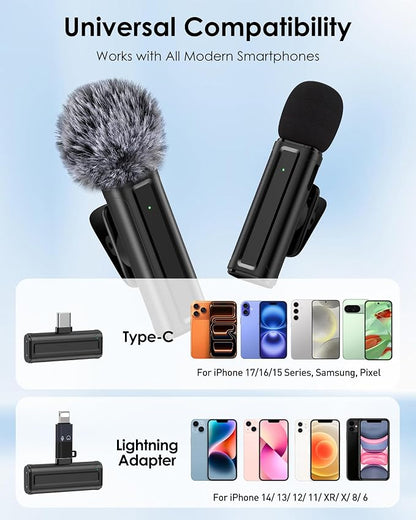 Wireless Mini Microphone for iPhone, iPad, Android, 2 Pack Lavalier Mic with 360° Rotatable Clip, Plug and Play Noise Reduction USB-C Mic for Video Recording YouTube TikTok Podcast Content Creators