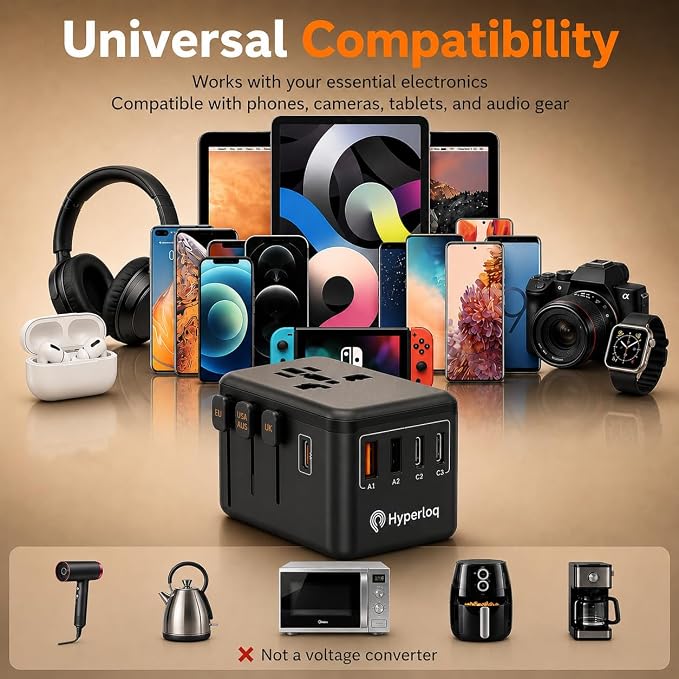 Compact Travel Adapter Europe & Power adapters for International Travel, UK, US, EU and 200+ Countries with Fast USB-C & USB-A Charging