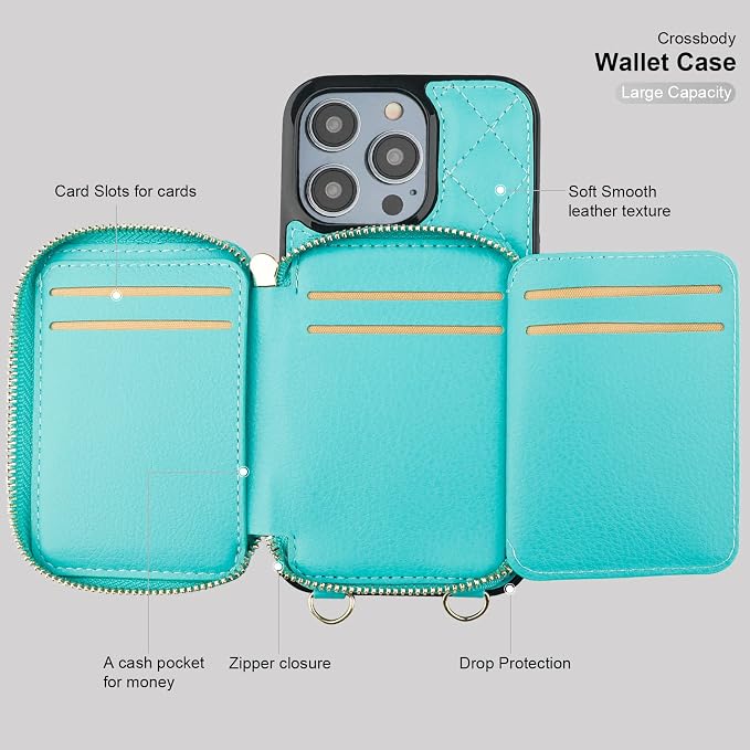 Bocasal Crossbody Wallet Case for iPhone 14 Pro Max, RFID Blocking PU Leather Zipper Handbag Purse Flip Cover, Kickstand Folio Case with Card Slots Holder Wrist Strap Lanyard 5G 6.7 Inch (Mint Green)