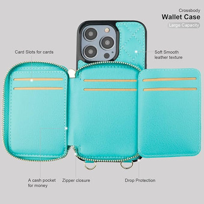 Bocasal Crossbody Wallet Case for iPhone 14 Pro Max, RFID Blocking PU Leather Zipper Handbag Purse Flip Cover, Kickstand Folio Case with Card Slots Holder Wrist Strap Lanyard 5G 6.7 Inch (Mint Green)
