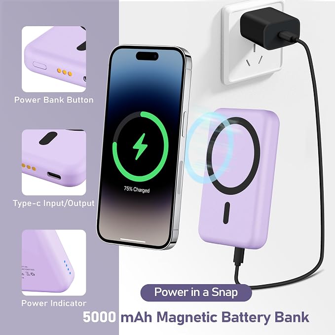 3 in 1 Wireless Charging Station: 5000mAh Removable Power Bank Charger Stand for Phone/Watch/Air Pods - Portable Magnetic Battery Pack for Air 17 16 15 14 13 12 Series Purple