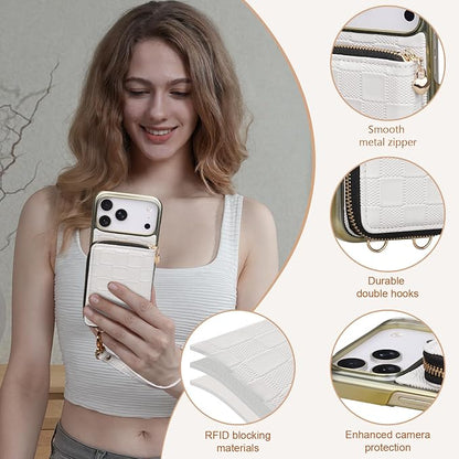 Keallce for iPhone 17 Pro Max 6.9'' Wallet Case, Crossbody Zipper Purse with 4 Card Slots RFID Blocking, Lanyards & Wrist Straps, Flip Leather Folio Cover with Kickstand for iPhone 17 Pro Max, White