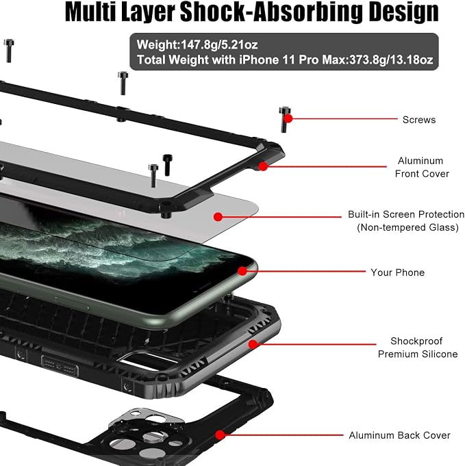 Beasyjoy for iPhone 11 Pro Max Case Waterproof Metal Case Heavy Duty Built-in Screen Full Body Protective Shockproof Military Grade Black