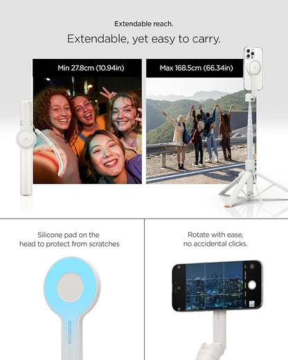 Spigen Selfie Stick Automatic Tripod Stand with Bluetooth Remote Control Shutter 57" Extendable Compatible with MagSafe iPhone 17/16/15/14/13/12 Pixelsnap Pixel 10 Series & More - Dune Beige (S581W)
