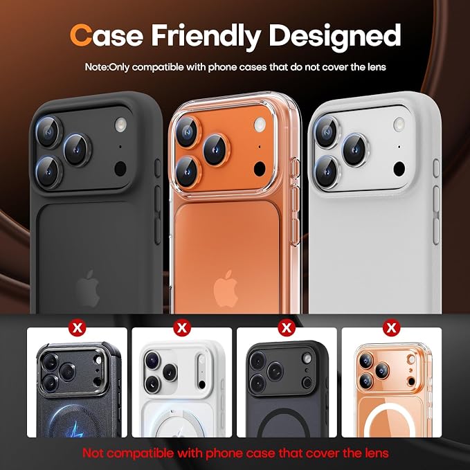 Jeluse Compatible with iPhone 17 Pro Max Camera Lens Protector, Strong Adhesion Full Coverage Metal Aluminum Alloy Ultra Clarity Tempered Glass Camera Screen Protector