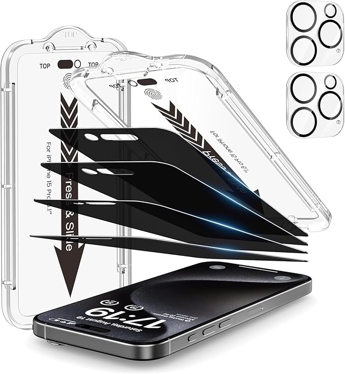 EZ-GLAZ- 4 Pack for iPhone 15 Pro Privacy Screen Protector [6.1"] With 2 Pack Camera Lens Protector, 9H+ Hardness 12FT Military Grade Shatterproof Scratch Resistant Durable Tempered Glass Film with Flawless Fit Kit