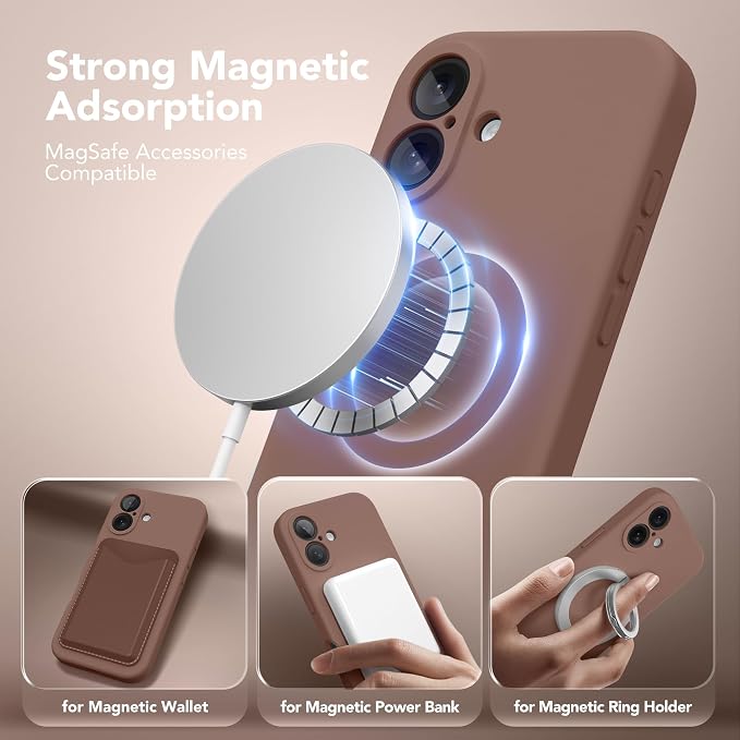 Magnetic for iPhone 16 Plus Case, Compatible with MagSafe, [Full Camera Protection][Screen Protector] Silicone Shockproof Protective Phone Case for iPhone 16 Plus 6.7", Brown