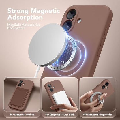 Magnetic for iPhone 16 Plus Case, Compatible with MagSafe, [Full Camera Protection][Screen Protector] Silicone Shockproof Protective Phone Case for iPhone 16 Plus 6.7", Brown