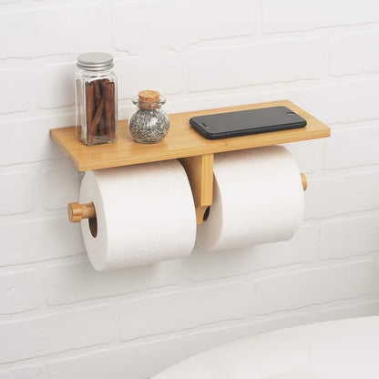 Modern Hanging Wall Mount Natural Bamboo Double Dual Toilet Paper Holder with Convenience Shelf Tray for Toilet Paper, Phone, Plants, Decor, and Other Accessories