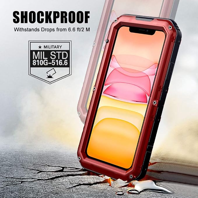 Mitywah Waterproof Case for iPhone 11, Heavy Duty Military Grade Armor Metal Case, Full Body Protective Shockproof Dustproof Strong Rugged Thick Case for iPhone 11, Red