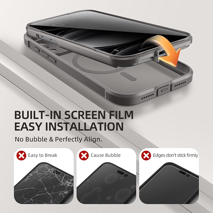 BERFY for iPhone 17 Pro Case, Compatible with MagSafe, Built-in Privacy Screen Protector, Camera Protection, Shockproof Full Body Phone Case 6.3", Clear Grey