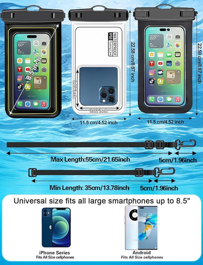 Famoby 4 Pack IP68 Waterproof Phone Pouch (2 Pack Floating and 2 Pack Sinking Waterproof Phone Pouch) Adjustable Neck Lanyard Dry Bag for Apple iPhone,Samsung,and up to 8.5" Black,White