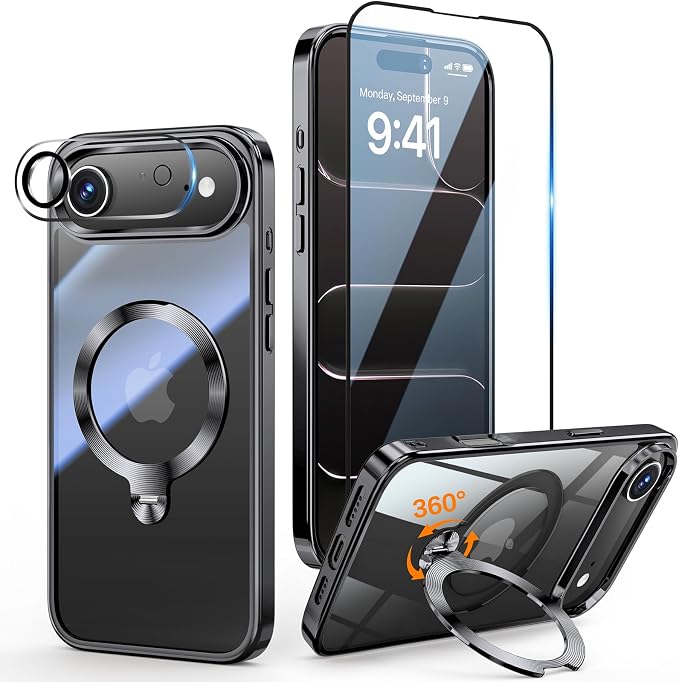 [Tri-Shield Protection] for iPhone Air Case with 360° Spin Stand Compatible with MagSafe [Magnetic CD Ring] [Screen & Camera Lens Protector] Shockproof Plating Never-Yellowing, Black-6.5"