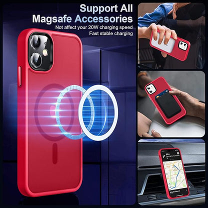 MOCCA Strong Magnetic for iPhone 11 Case,[Compatible with Magsafe][Glass Screen Protector+Camera Lens Protector] Slim Thin Shockproof Cover Case for iPhone 11 6.1 inch, Red