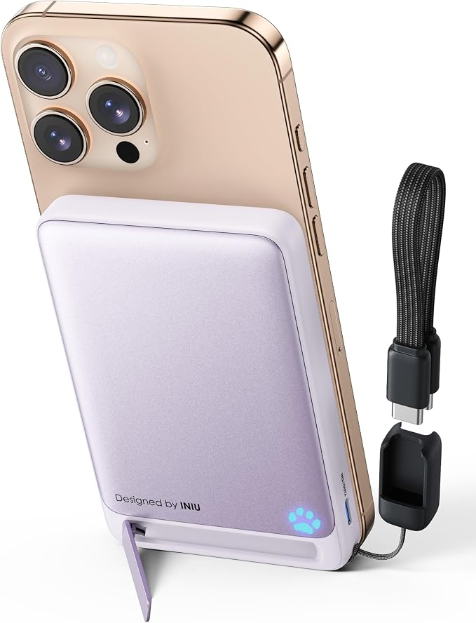 INIU Magnetic Portable Charger, Ultra Slim Qi2 Certified 10000mAh 45W Fast Charging Power Bank, Wireless Battery Pack with Foldable Stand, Phone Charger Only for iPhone 16/15/14/13/12 Series, Purple
