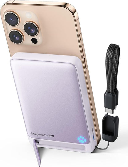 INIU Magnetic Portable Charger, Ultra Slim Qi2 Certified 10000mAh 45W Fast Charging Power Bank, Wireless Battery Pack with Foldable Stand, Phone Charger Only for iPhone 16/15/14/13/12 Series, Purple
