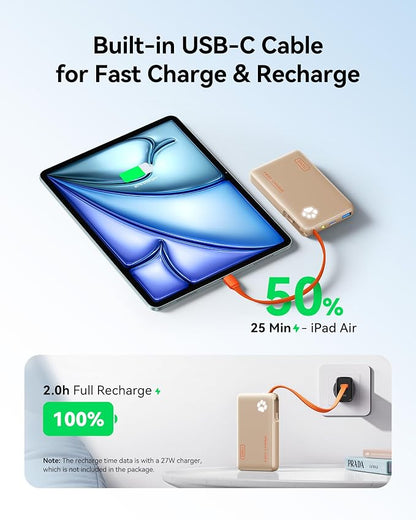 INIU 45W Power Bank, Fast Charging Portable Charger with Built-in USB C Cable, 10000mAh Small Type C Powerbank, Battery Pack for iPhone 17 16 15 14, iPad, Samsung S25 S24 etc Travel Camping, Beige