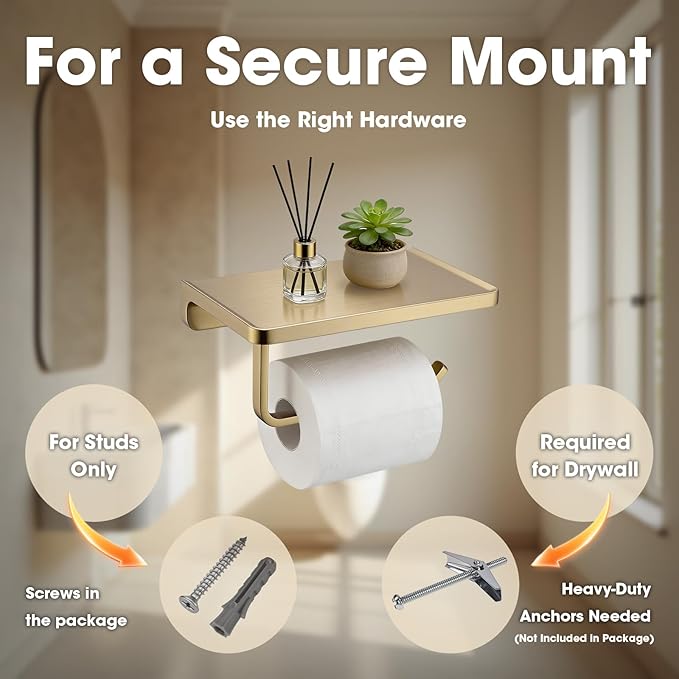 TRUSTMI Toilet Paper Holder with Phone Shelf, Bathroom Accessories Tissue Roll Dispenser Storage Wall Mounted, Brushed Gold