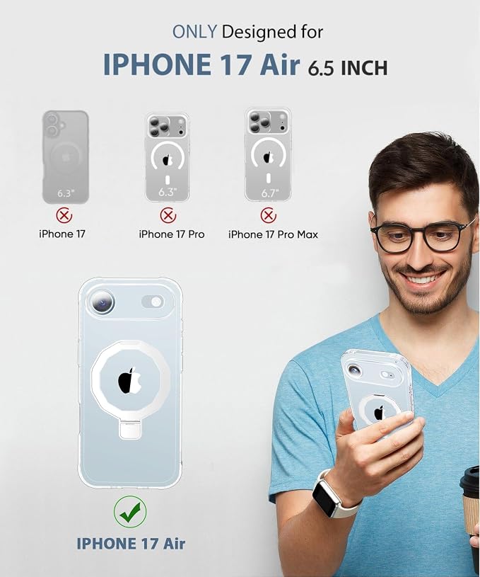 for iPhone 17 Air Case, with Screen Protector + Camera Lens Protector, Built-in Seamless Stand, [Compatible with MagSafe] Protective Shockproof Phone Case, Cover for iPhone 17 Air 6.5" - Clear