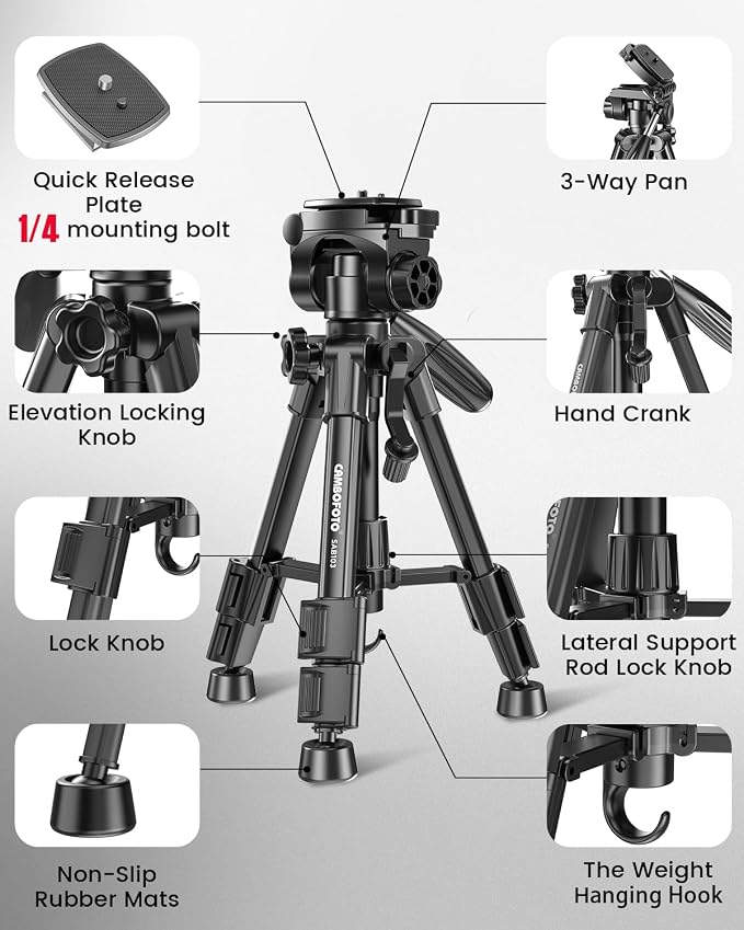 CAMBOFOTO 30"-Camera-Tripod, Porfessional Aluminum Heavy Duty Tripod Stand for Mirrorless Camera/DSLR/Cell Phone/Camcorder, with Holder and Travel Bag (Weight 1.5Lb, Max Load 15 Lb)
