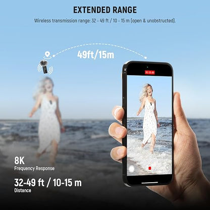 NEEWER KM23B Wireless Lavalier Microphone Bluetooth App Control, Compatible with iPhone Android Phone 8Hrs Battery Vocal Enhancement Noise Cancellation Volume Adjustment Low Cut for Streaming Vlogging