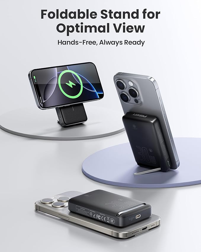 PISEN 3C Mag-Safe Power Bank - 10000mAh (5000mAh*2) Qi2 Mag-Safe Portable Charger 30W 3C Certified Qi2 Power Bank with Stand Airplane Safe Magnetic CCC Travel Portable Charger for iPhone 17/16/15/14
