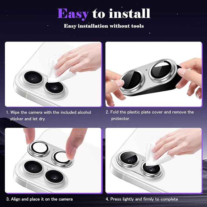 Camera Lens Protector for iPhone 17 Camera Lens Protector [Strong Adsorption] [Not Easy to Break] Metal Tempered Glass Rear Camera Screen Cover - Silver