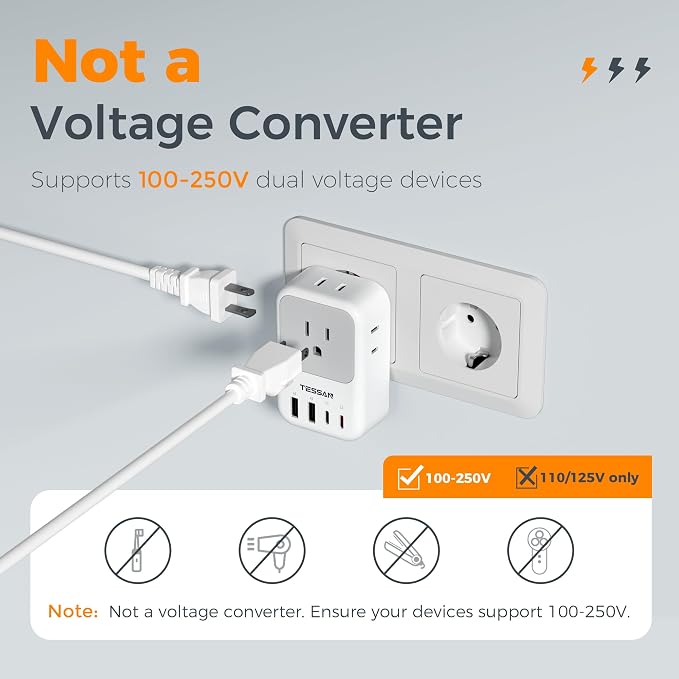 TESSAN European Travel Plug Adapter 2 Pack, PD 20W Adapter for Europe Plug with 4 AC Outlets 4 USB (2 USB C), Type C Adaptor for US to Europe, Italy, Spain, France, Portugal, Greece, Iceland, Germany