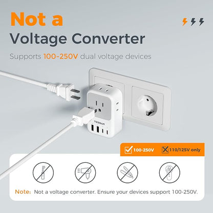 TESSAN European Travel Plug Adapter 2 Pack, PD 20W Adapter for Europe Plug with 4 AC Outlets 4 USB (2 USB C), Type C Adaptor for US to Europe, Italy, Spain, France, Portugal, Greece, Iceland, Germany