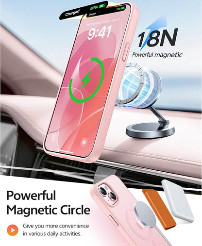 FNTCASE for iPhone 15 Plus Case: for iPhone 14 Plus Case [Compatible with Magsafe] Translucent Matte Cases with [Screen Protector] Military Grade Shockproof Protective Phone Cover - Light Pink