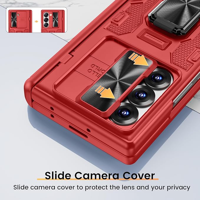 VEGO for Z Fold 5 Phone Case with Stand, Built-in Privacy Screen Protector | Slide Camera Cover Full Body Hinge Drop Protection Hard PC Shockproof Phone Case for Samsung Galaxy Z Fold 5 5G 2023 - Red