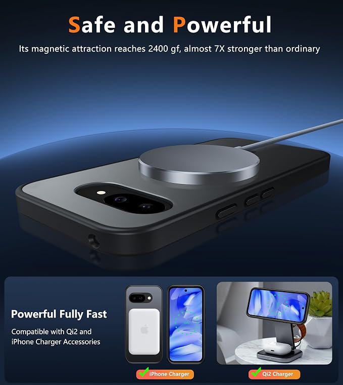 FNTCASE for Google Pixel 9a Case: [Compatible with Magsafe] Translucent Matte Magnetic Phone Cover - Military Grade Drop Protection - Shockproof Protective Cases for Pixel 9A (Black)