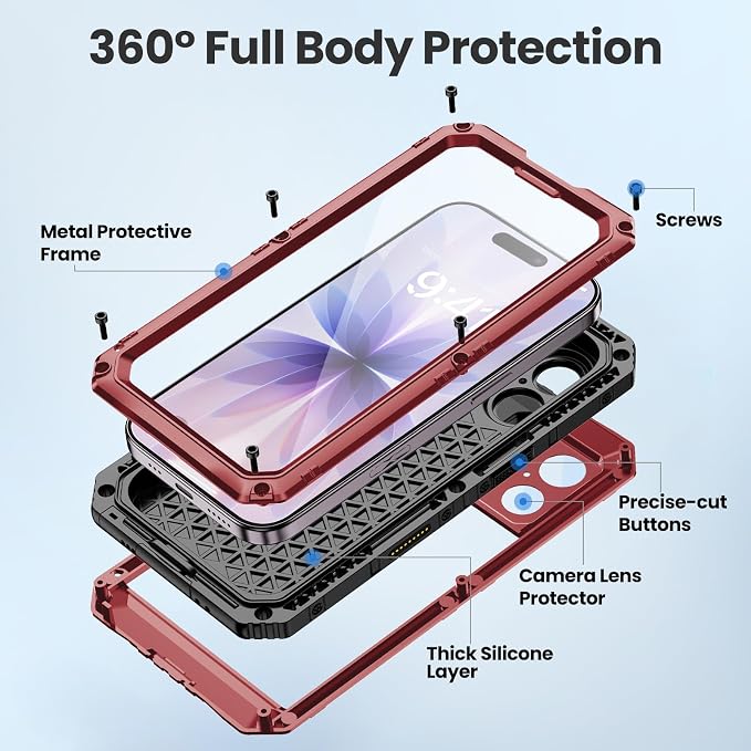 Mitywah Waterproof Case for iPhone 17, Rugged Metal Case with Built-in Screen Protector, Heavy Duty Full Body Shockproof Protective Cover 6.3 inch, Red