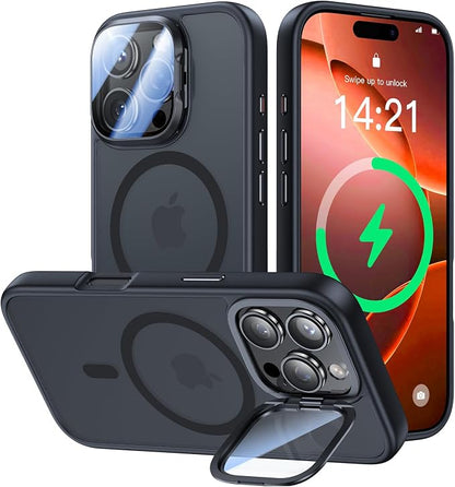 [Upgraded] for iPhone 16 Pro Case with Camera Cover Stand [Fit for MagSafe][9H Camera Lens Protector] Mil-Grade Protection Translucent Matte Magnetic iPhone 16 Pro Phone Case, Black