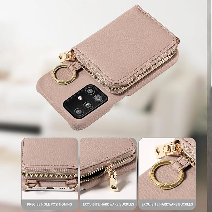 Wallet Case for Samsung Galaxy A51 5G/A 51 5G UW Verizon & Shoulder Strap Ring Buckle PU Leather Zipper Flip Organ Purse Credit Card Holder Stand Full Body Cell Phone Cover for 51A G5 S51 Khaki
