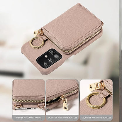 Wallet Case for Samsung Galaxy A51 5G/A 51 5G UW Verizon & Shoulder Strap Ring Buckle PU Leather Zipper Flip Organ Purse Credit Card Holder Stand Full Body Cell Phone Cover for 51A G5 S51 Khaki