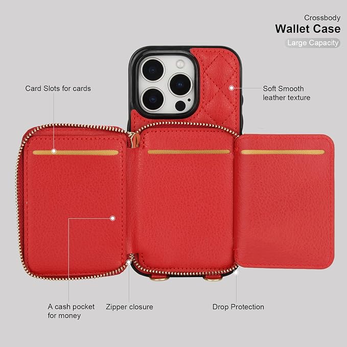 Bocasal Crossbody Wallet Case for iPhone 16 Pro, RFID Blocking PU Leather Zipper Handbag Purse Flip Cover, Kickstand Folio Case with Card Slots Holder Wrist Strap Lanyard 5G 6.3 Inch (Red)