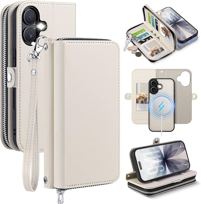 OCASE for iPhone 17 Crossbody Detachable Wallet Case, PU Leather Handbag Phone Purse with Zipper Closure, Card Slots & RFID Blocking, Wrist Strap, Lanyard, Kickstand, Cream