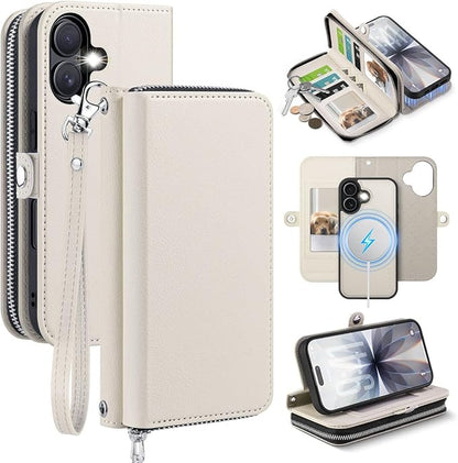 OCASE for iPhone 17 Crossbody Detachable Wallet Case, PU Leather Handbag Phone Purse with Zipper Closure, Card Slots & RFID Blocking, Wrist Strap, Lanyard, Kickstand, Cream