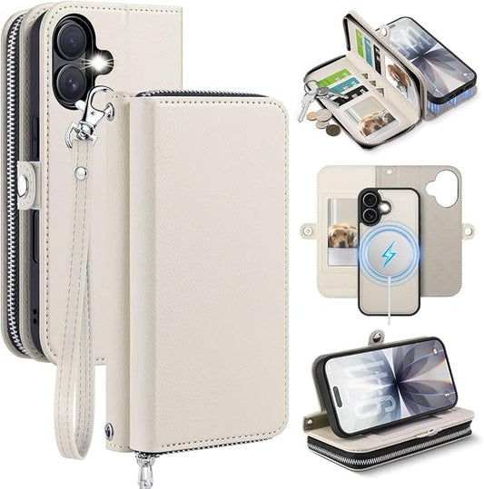 OCASE for iPhone 17 Crossbody Detachable Wallet Case, PU Leather Handbag Phone Purse with Zipper Closure, Card Slots & RFID Blocking, Wrist Strap, Lanyard, Kickstand, Cream