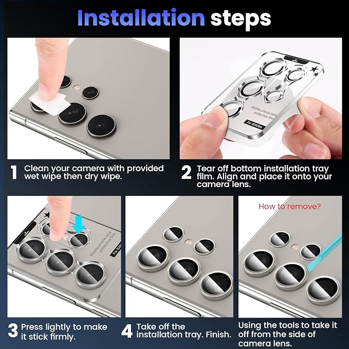 Tensea (3+2PCS for Samsung Galaxy S24 Ultra 5G Camera Lens Protector, 9H Tempered Glass Camera Cover Screen Protector Metal Individual Ring for S24 Ultra 5G 2024 [Installation Tray][Case Friendly]