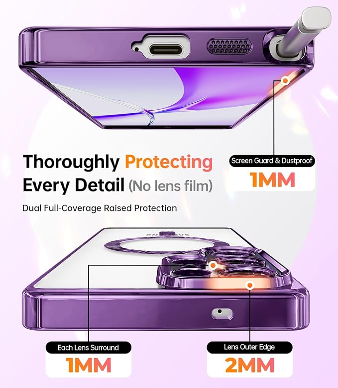 Meifigno Magnetic Case with Removable Phone Ring Stand for Samsung Galaxy S25 Ultra, [Glitter Card & Wrist Strap] [MagSafe Compatible] [Built in Mirror] Phone Ring Stand + Phone Case Kit, Purple