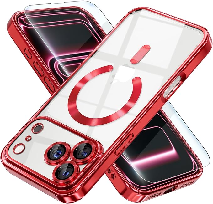 Misea Magnetic for iPhone 17 Pro Max Case Compatible with MagSafe [Never Yellowing] [Military Grade Drop Protection] Full Camera Lens Protector Plating Soft Clear Phone Case for Women, Red