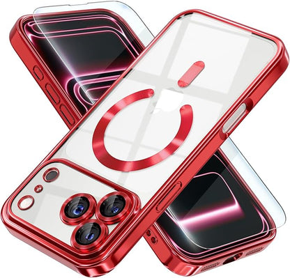 Misea Magnetic for iPhone 17 Pro Case Compatible with MagSafe [Never Yellowing] [Military Grade Drop Protection] Full Camera Lens Protector Plating Soft Clear Phone Case for Women, Red