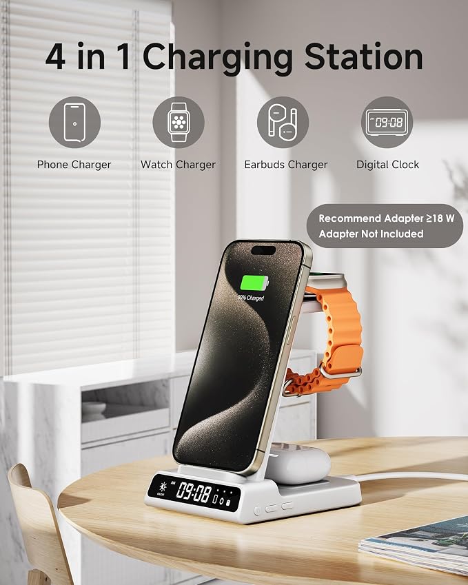 Wireless Charger for iPhone 17, 3 in 1 Charging Station for Apple Watch Watch 11/10/9/8/7/6/5, Ultra 3/SE 3, for iPhone 17/16/15/14/13/12/11/X Series, for Air Pods Pro 3/4/Pro 2/3/Pro (No Adapter)