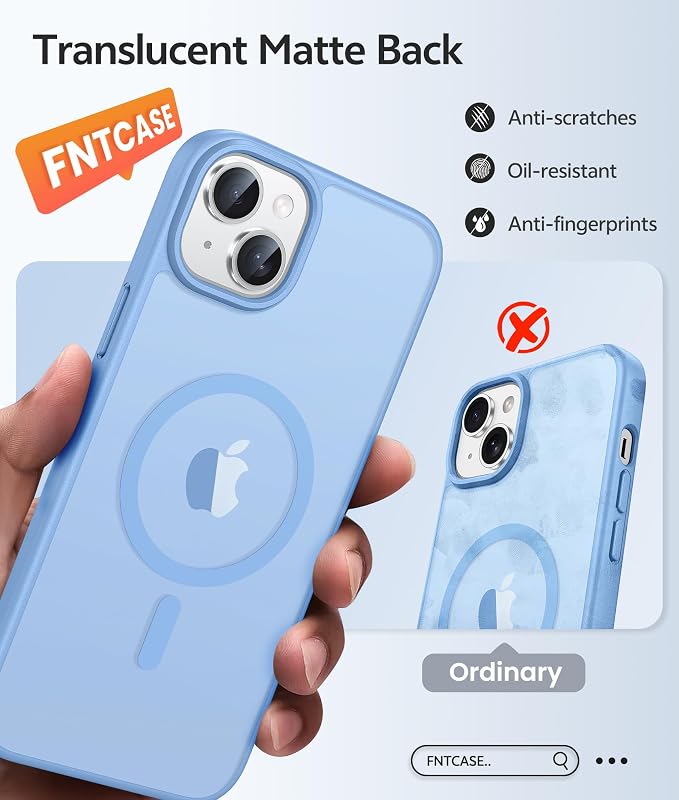 FNTCASE for iPhone 15 Plus Case: for iPhone 14 Plus Case Translucent Matte Military Grade Protective Phone Cover - Slim Anti-Slip Durable Shockproof Drop Protection Cases - Light Blue